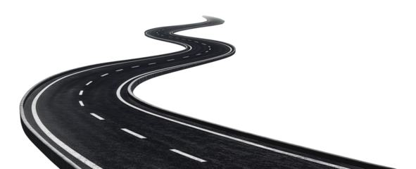 Winding asphalt road with sharp curves, cut out - stock png.