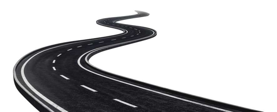 Winding asphalt road with sharp curves, cut out - stock png.