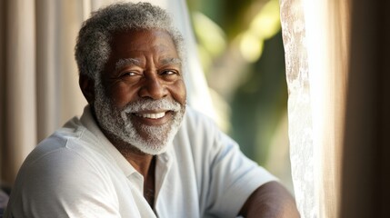 Smiling senior man looking through window while sitting on sofa at home