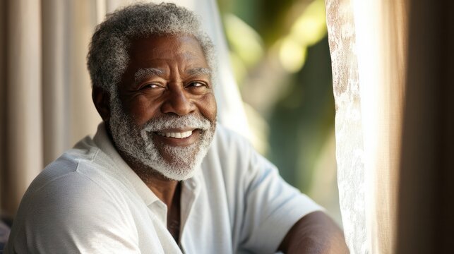 Smiling senior man looking through window while sitting on sofa at home