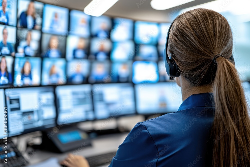 Poster operator managing multiple video calls in high-tech control room environment