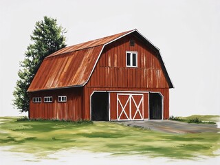 Obraz premium Rust colored barn style house hand drawn painted painting illustration on plain white background