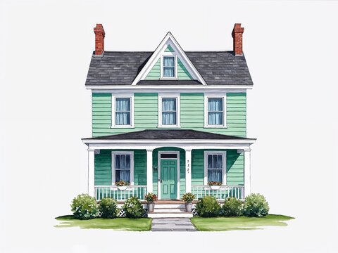 Seafoam green saltbox house hand drawn painted painting illustration on plain white background