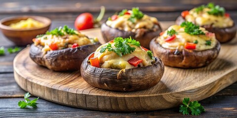Medium shot of vegetarian roasted Portobello mushrooms stuffed with cheese filling on wooden board