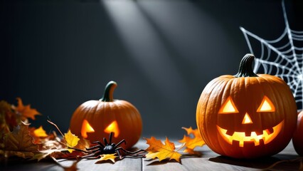 Fototapeta premium Halloween-themed image featuring carved pumpkins with glowing faces