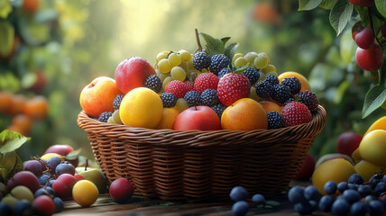 Vibrant and juicy organic fruits in wicker basket create delightful scene