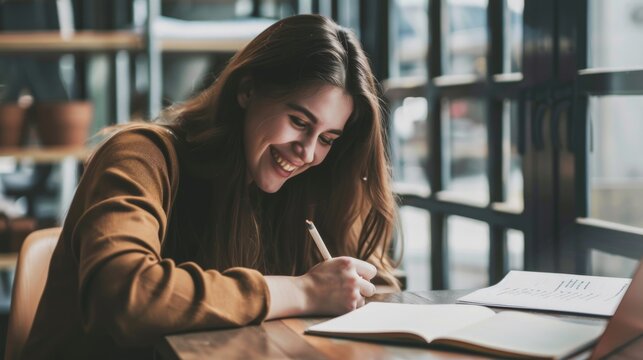 A joyful woman engages in creative note-taking at her office table during a productive workday filled with inspiration