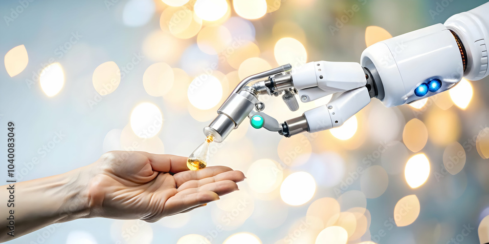 Poster robotic arm administering medication patient medical setting soft abstract image bokeh background de