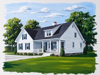 Obraz premium White raised ranch house hand drawn painted painting illustration on plain white background