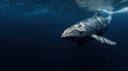 Naklejka premium A Stunning 3D Visualization of a Whale Diving Gracefully into the Deep Blue Ocean, Perfect for Illustrating Marine Life Concepts and Ocean Conservation Efforts.