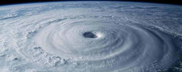 Cyclone swirling over the ocean with a clear eye visible.