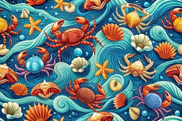 Marine Life Patterns Featuring Crabs and Seashells for Textile and Wallpaper Design