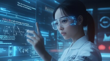 Young asian woman wearing smart glasses. Wearable device.
