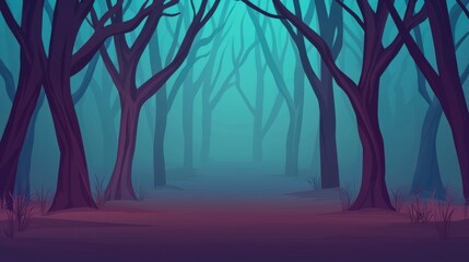 Obraz premium A mystical forest scene featuring tall, dark trees enveloped in a thick, eerie mist, creating an atmosphere of mystery and intrigue.
