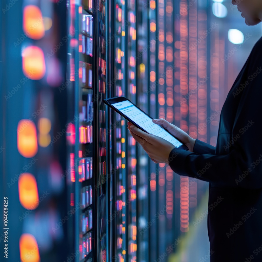 Poster exploring data management a professional engaging with digital technology in a server room environme