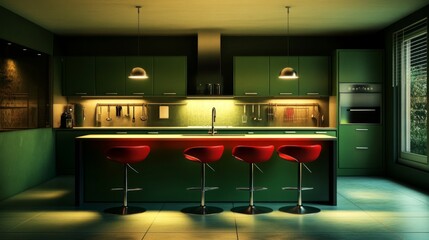 Minimalist green kitchen with red bar stools around an island and simple lighting for a modern aesthetic.