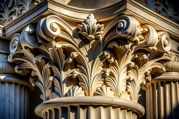 A close-up image of an ornate architectural column featuring intricate leaf and scroll designs, showcasing classic craftsmanship and elegance.