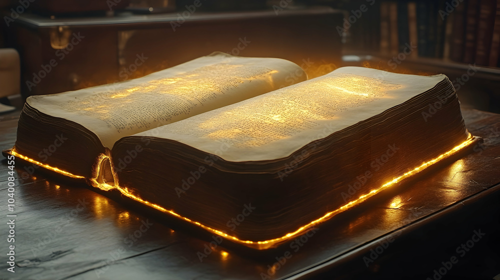 Aufkleber large open book with illuminated golden edges on a surface