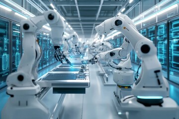 Modern High Tech Authentic Robot Arm, futuristic high tech laboratory, 
