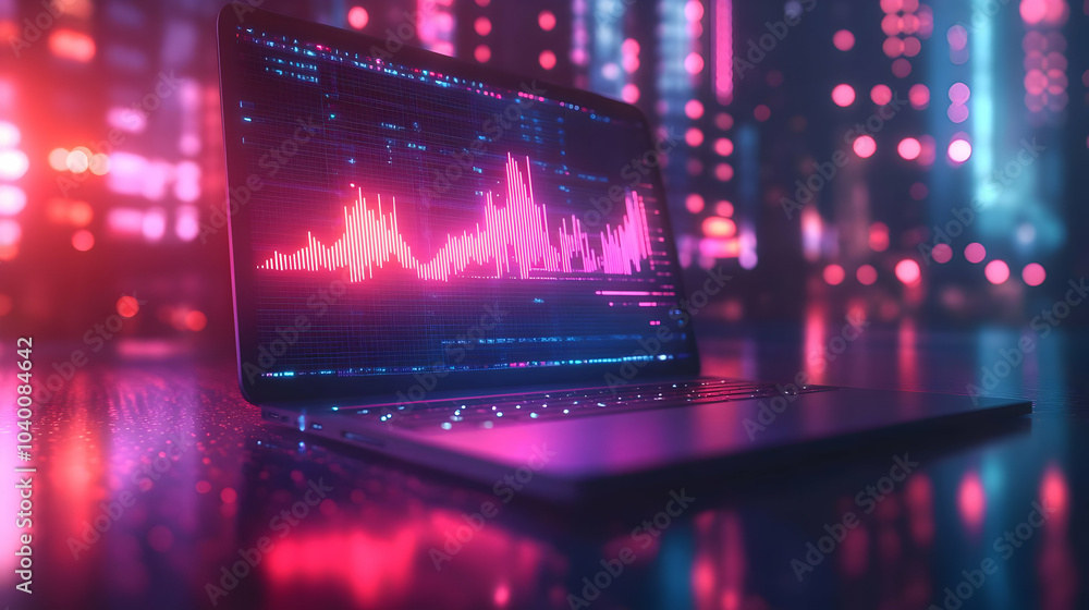 Poster 3d holographic laptop projecting glowing financial graph icon on glossy background with copy space f