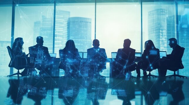 Teamwork, meeting and ideas for solution or decision for business, workplace or company. Group, people and discussion with technology in planning, collaboration for growth in brainstorming or project