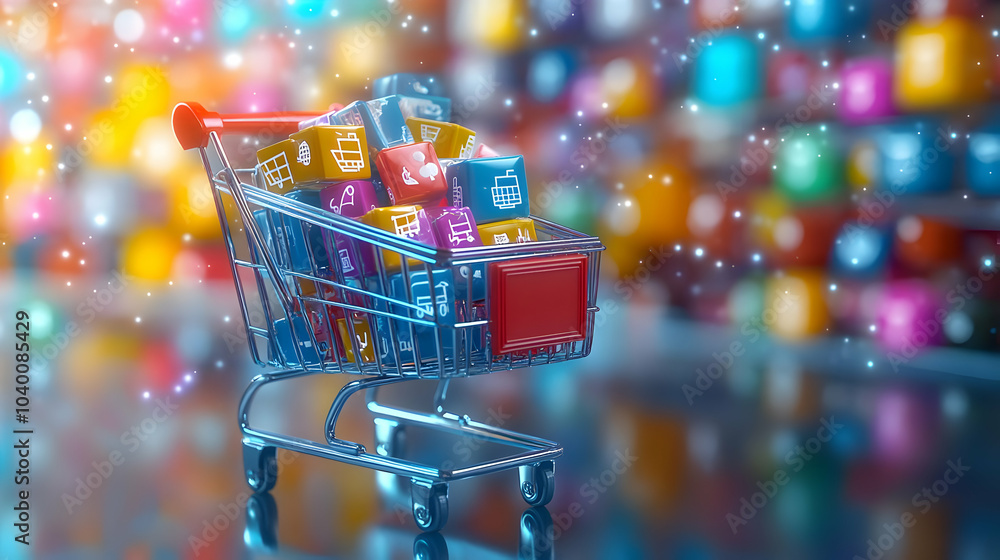Poster 3d abstract shopping cart digital icons bokeh background - digital artwork symbolizing modern commer