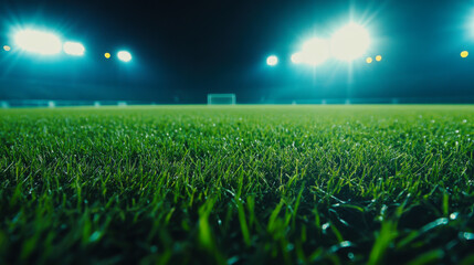 Grass field illuminated by stadium lights during an evening sports event showcasing vibrant green turf and bright floodlights