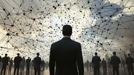 The Architect of Connections: A businessman orchestrates a network of professionals, symbolizing the power of leadership and strategic partnerships in the digital age.