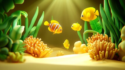 Colorful underwater scene with animated fish and coral.