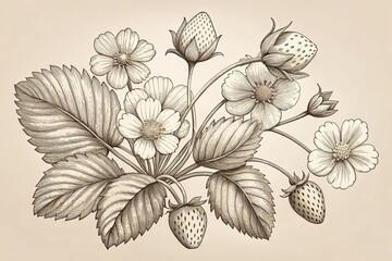 Hand-Drawn Strawberry Plant with Flowers and Fruits