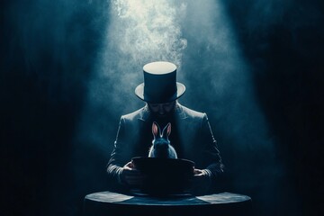 Magician revealing a rabbit from a hat under dramatic lighting, creating a sense of wonder and magic