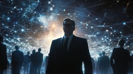 The Architect of Connections: A businessman orchestrates a network of professionals, symbolizing the power of leadership and strategic partnerships in the digital age.