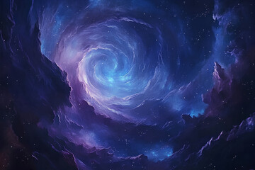 Mesmerizing spiral view of the Milky Way galaxy in minimalist cosmic style with blue and purple tones and star clusters
