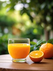 Naklejka premium ORANGE JUICE ON THE TABLE WITH A BEAUTIFUL VIEW