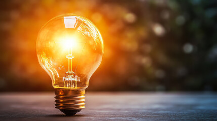 Glowing vintage light bulb placed on a rustic wooden table illuminated by warm sunlight streaming through windows
