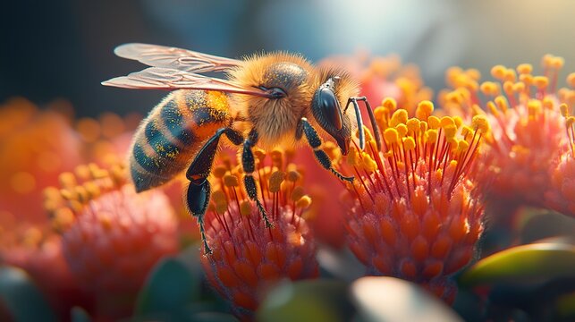 A Macro View of a Bee Pollinating a Vibrant Exotic Flower