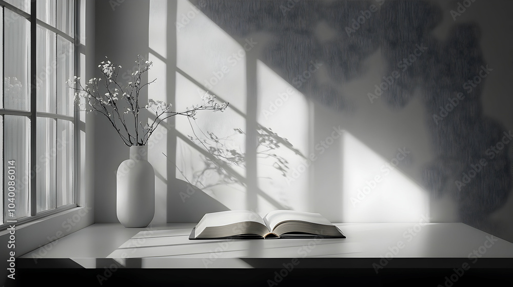 Poster minimalist workspace featuring a single open book on a desk surface