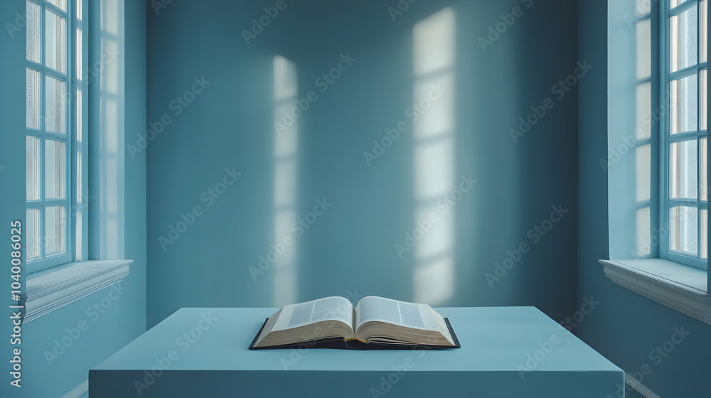 Poster minimalist desk setup featuring an open book on a clean surface in a contemporary workspace