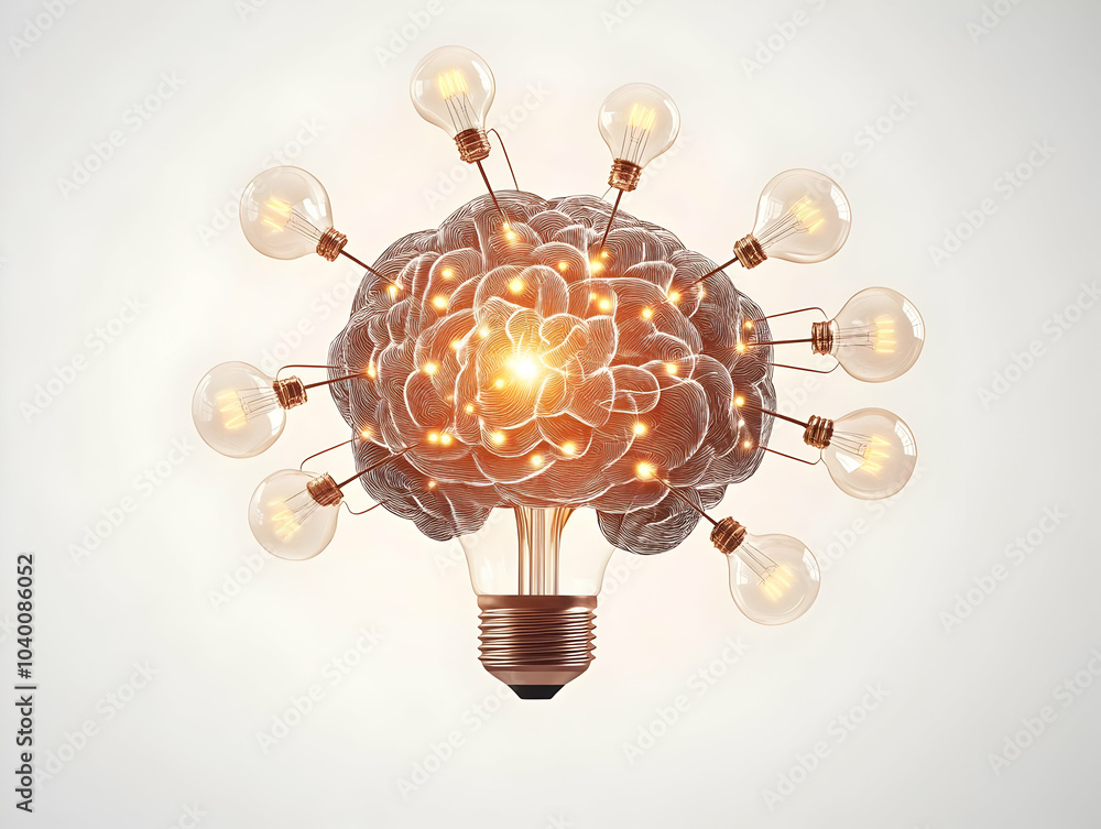 Poster flat bokeh light bulbs brain concept soft abstract image glowing light bulbs arranged brain shape bo