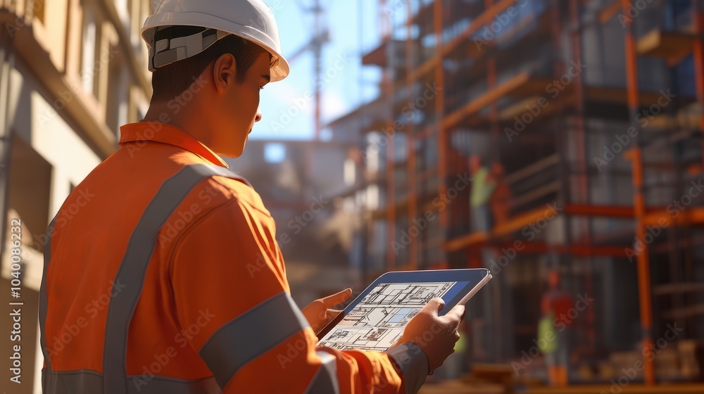 Poster this software help me to keep track of everything. shot of a engineer using a digital tablet on a co