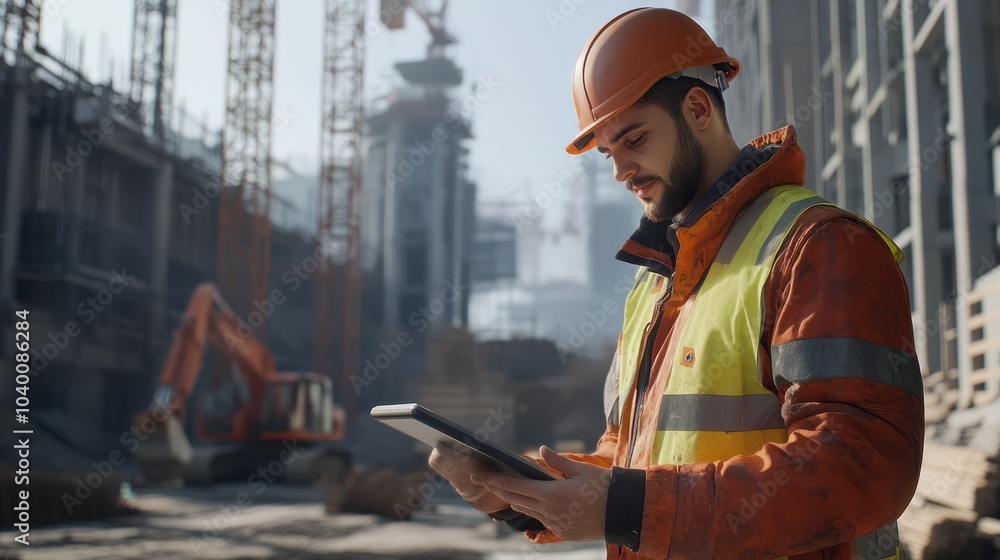 Poster this software help me to keep track of everything. shot of a engineer using a digital tablet on a co