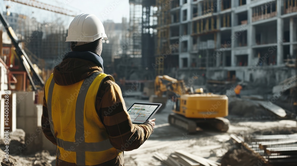 Poster this software help me to keep track of everything. shot of a engineer using a digital tablet on a co