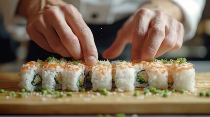 Expert Chef Rolling Sushi: Close-up of Skilled Hands Crafting Delicious Japanese Cuisine