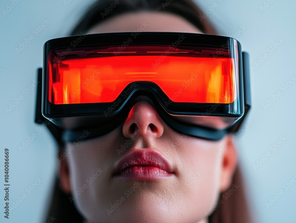 Poster exploring the future of virtual reality with innovative red-filtered goggles for immersive experienc