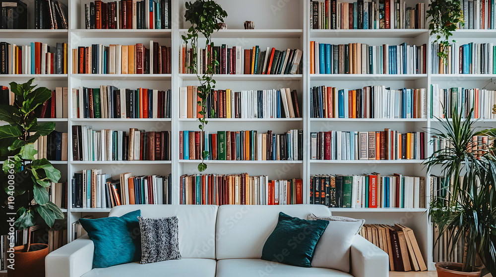 Poster minimalist white bookshelf filled with neatly arranged books and decorative items in a bright interi
