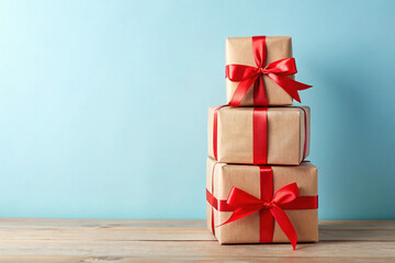 Stacked brown paper gift boxes with red ribbons on wooden surface against blue background