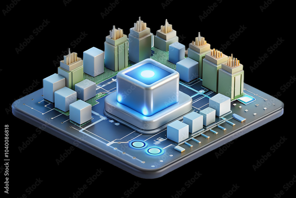 Poster microchip embedded in city map: glowing circuits representing smart cities; macro shot showcasing te