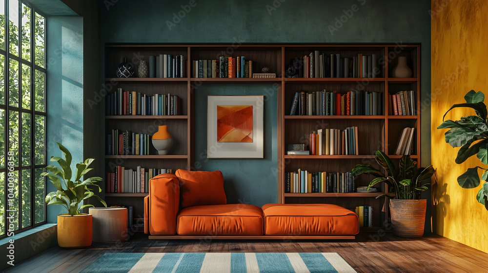 Poster modern bookshelf displaying colorful design elements and photographs in a contemporary interior sett