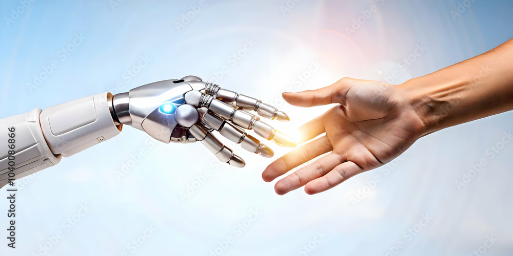 Poster robotic hand guiding human hand on digital interface concept - soft abstract image symbolizing mento