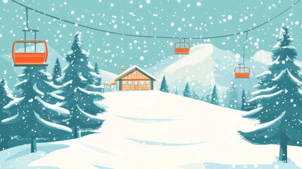Snowy landscape with a ski lodge and gondola lifts in winter.